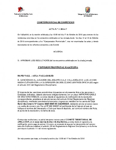 ACTA Nº1 COMITE DE COMPETICION PROVINCIAL DE VALLADOLID