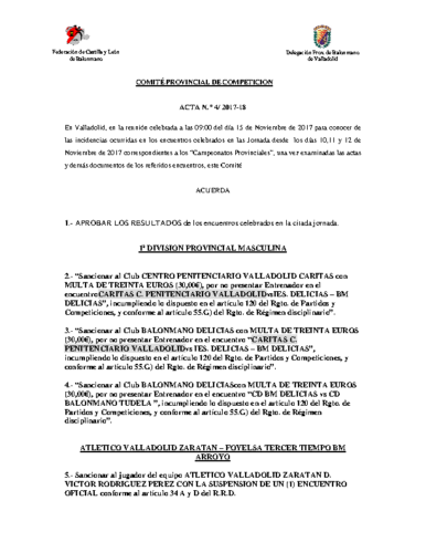 ACTA Nº4 COMITE DE COMPETICION PROVINCIAL DE VALLADOLID