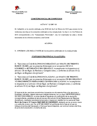 ACTA Nº12 COMITE DE COMPETICION PROVINCIAL DE VALLADOLID
