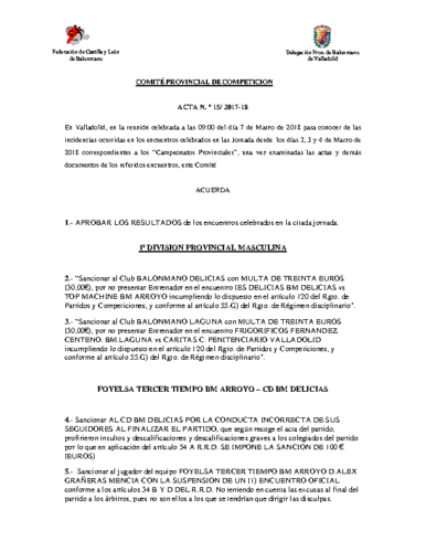 ACTA Nº15 COMITE DE COMPETICION PROVINCIAL DE VALLADOLID