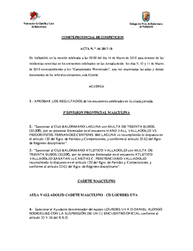 ACTA Nº16 COMITE DE COMPETICION PROVINCIAL DE VALLADOLID