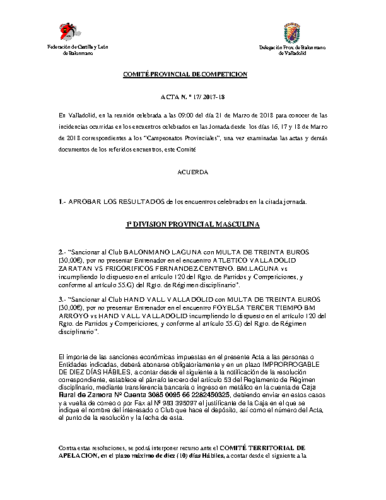 ACTA Nº17 COMITE DE COMPETICION PROVINCIAL DE VALLADOLID