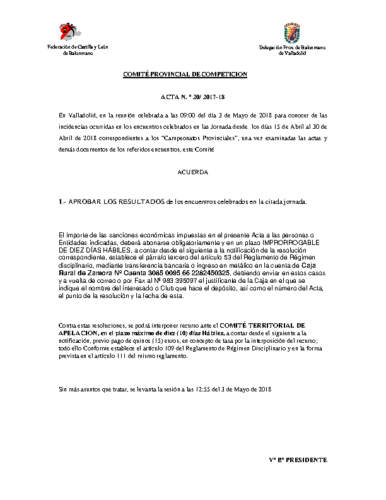 ACTA Nº20 COMITE DE COMPETICION PROVINCIAL DE VALLADOLID