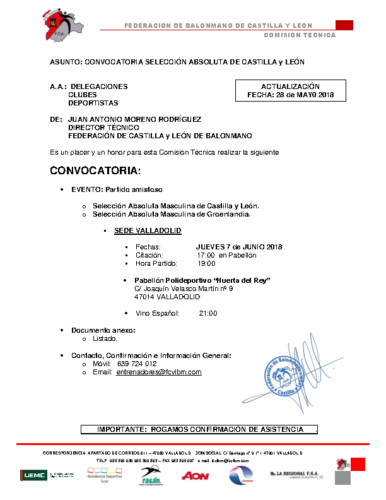 CONVOCATORIA SELECC ABSOLUTA CASTILLA y LEÓN ACTUALIZACION 28-V-18