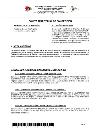 ACTA Nº 20 COMITÉ TERRITORIAL DE COMPETICIÓN