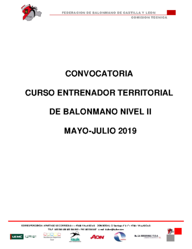 CONVOCATORIA CURSO TERRITORIAL MAYO 2019