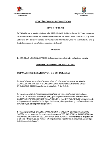 ACTA Nº2 COMITE DE COMPETICION PROVINCIAL DE VALLADOLID