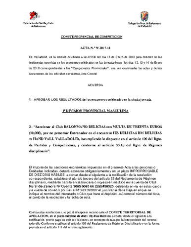 ACTA Nº9 COMITE DE COMPETICION PROVINCIAL DE VALLADOLID